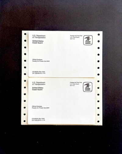 USCG Official Business / postage-paid pin feed computer mailing labels